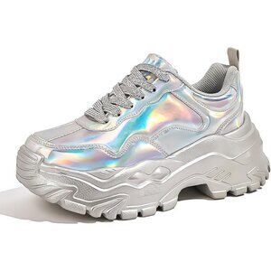 Women Silver Hologram Casual Tennis Lace Up Chunky Sneakers Shoes